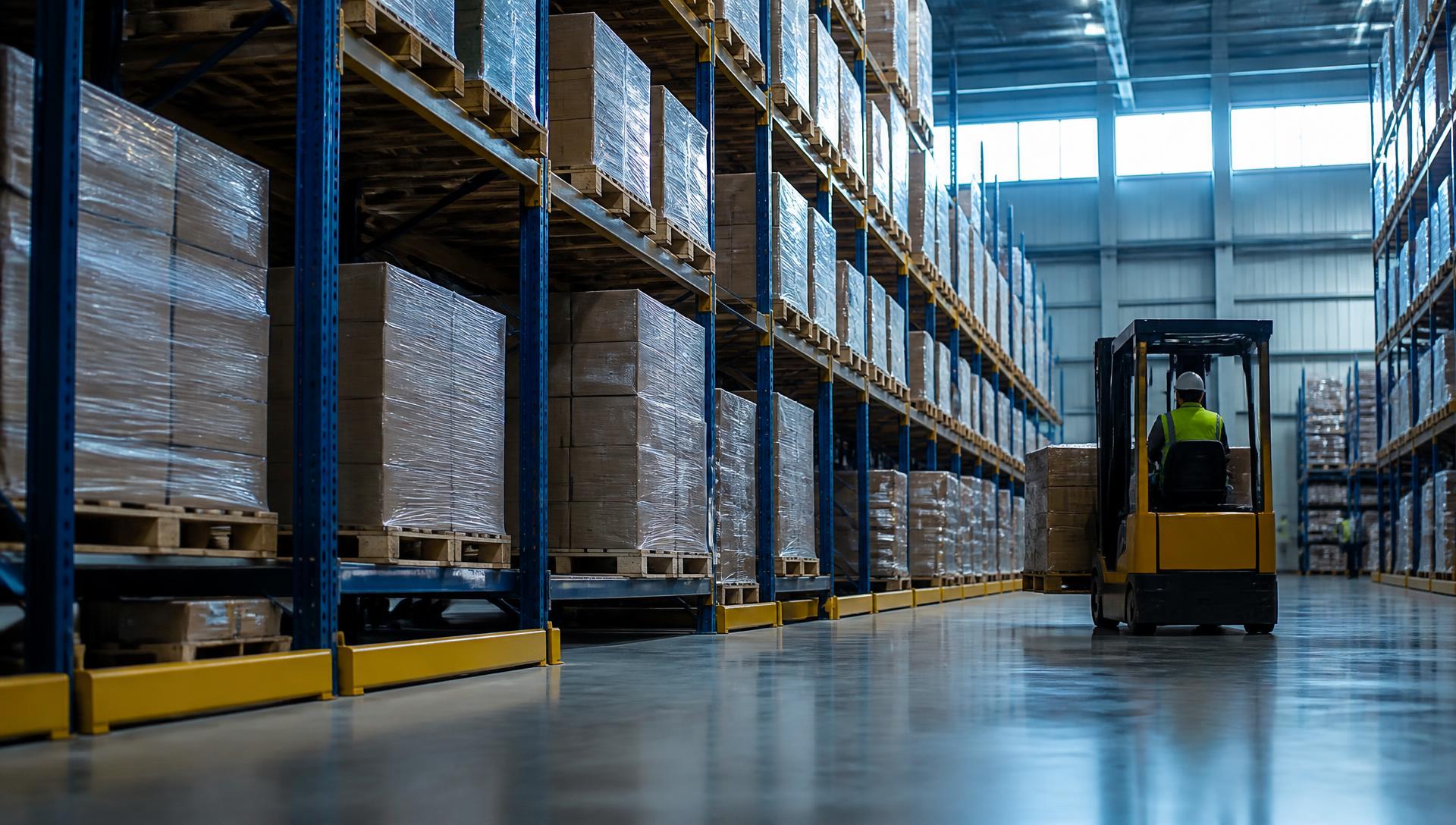 Magazijn met stellingen vol gewikkelde pallets en dozen