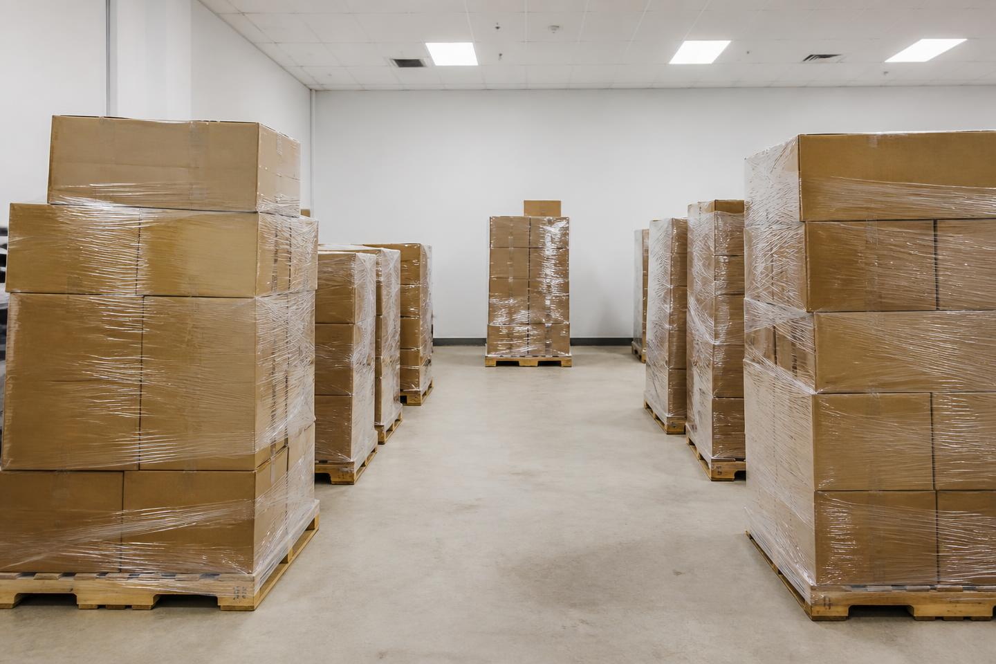 Gewikkelde pallets met dozen in een leeggehaalde winkelvoorraad