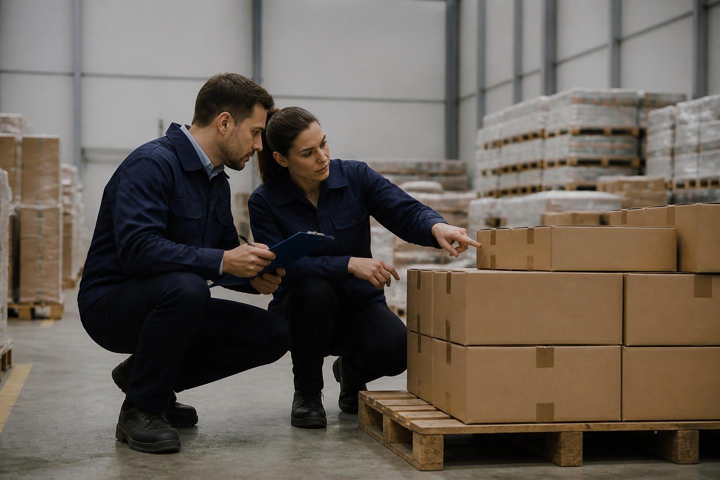 Twee medewerkers bekijken dozen met voorraad op een pallet