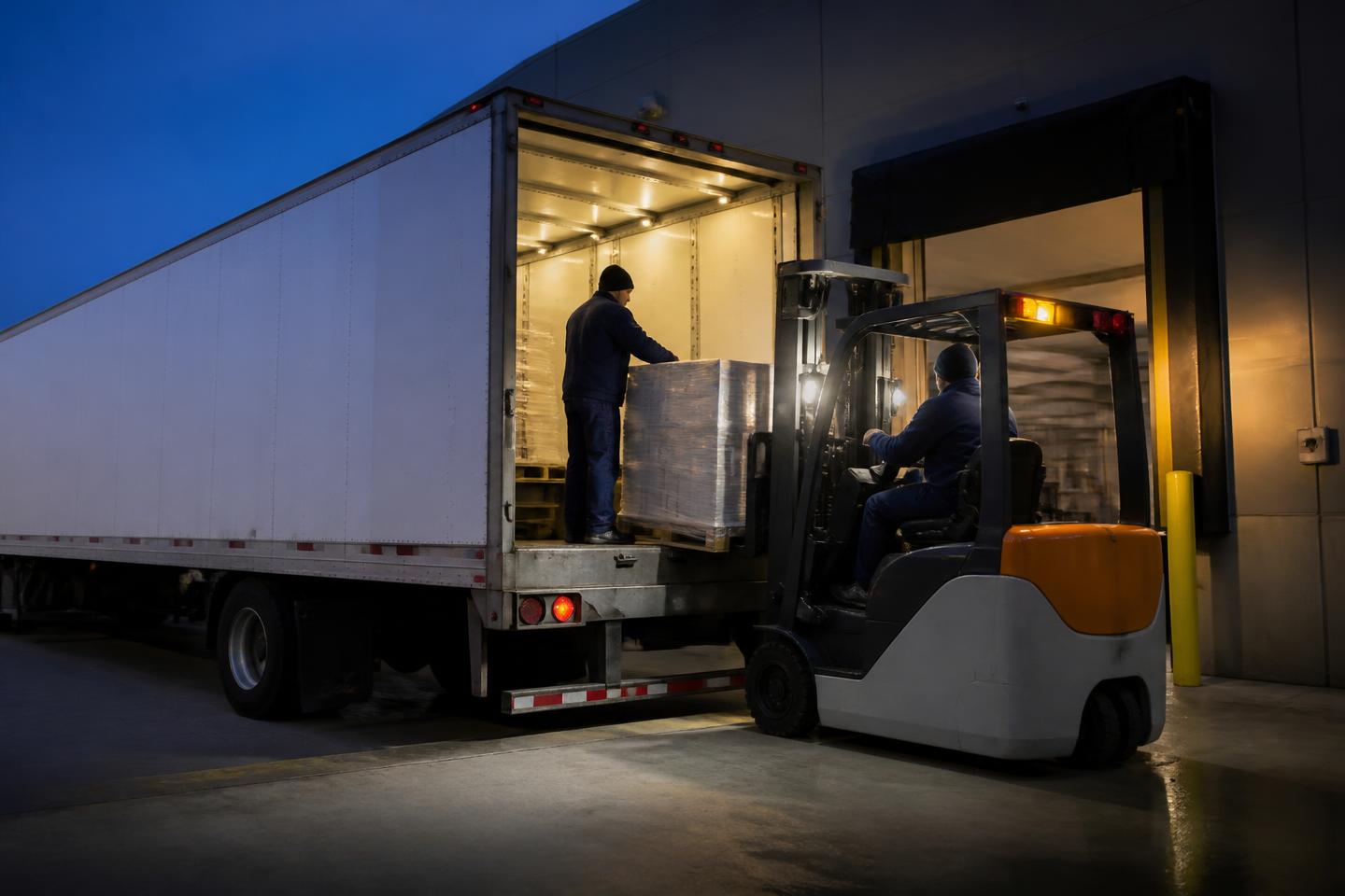 Vrachtwagen aan het laaddok waar pallets worden ingeladen